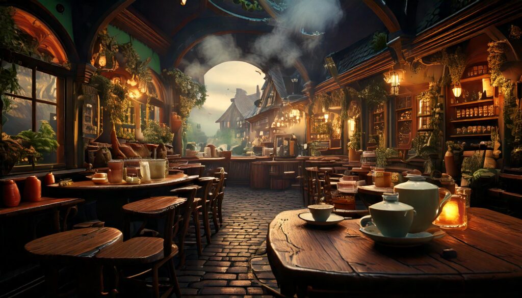 surreal tavern with tea served on tables